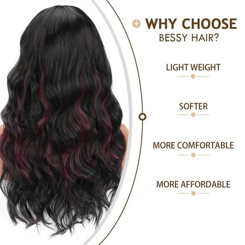 BESSY HAIR Black Wig with Burgundy Highlight Wig with Bangs Long Wavy Wigs for Women 22 Inch Wavy Curly Synthetic Wig Daily Party Cosplay Use
