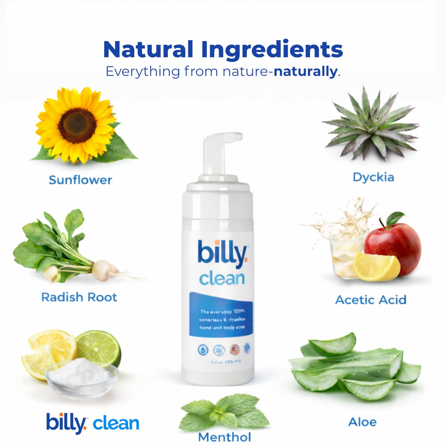 Billy Clean | Natural | No Rinse Foaming Cleanser Body Wash Sensitive Skin – Unscented - Plant based - Antibacterial - Rinse free - For Moms, Kids, Elderly, Baby Safe, Hospital care, Camping, Travel
