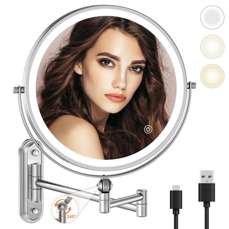 9" Wall Mounted Makeup Lighted Mirror, 4000mAh Rechargeable Double Sided LED Vanity Mirror with Height Adjustable&1X/10X Magnification, 3 Color Lights Bathroom Mirror