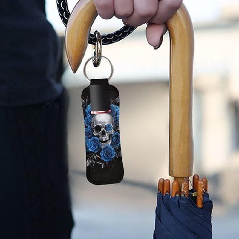 SEANATIVE Skull Roses 5 PCS Lipstick Holder Keychain Chapstick Holder Lip Balm Holder Keyring Portable Neoprene Lipstick Holder Lipstick Pouch with Metal Key Ring for Travel Carry Lipstick