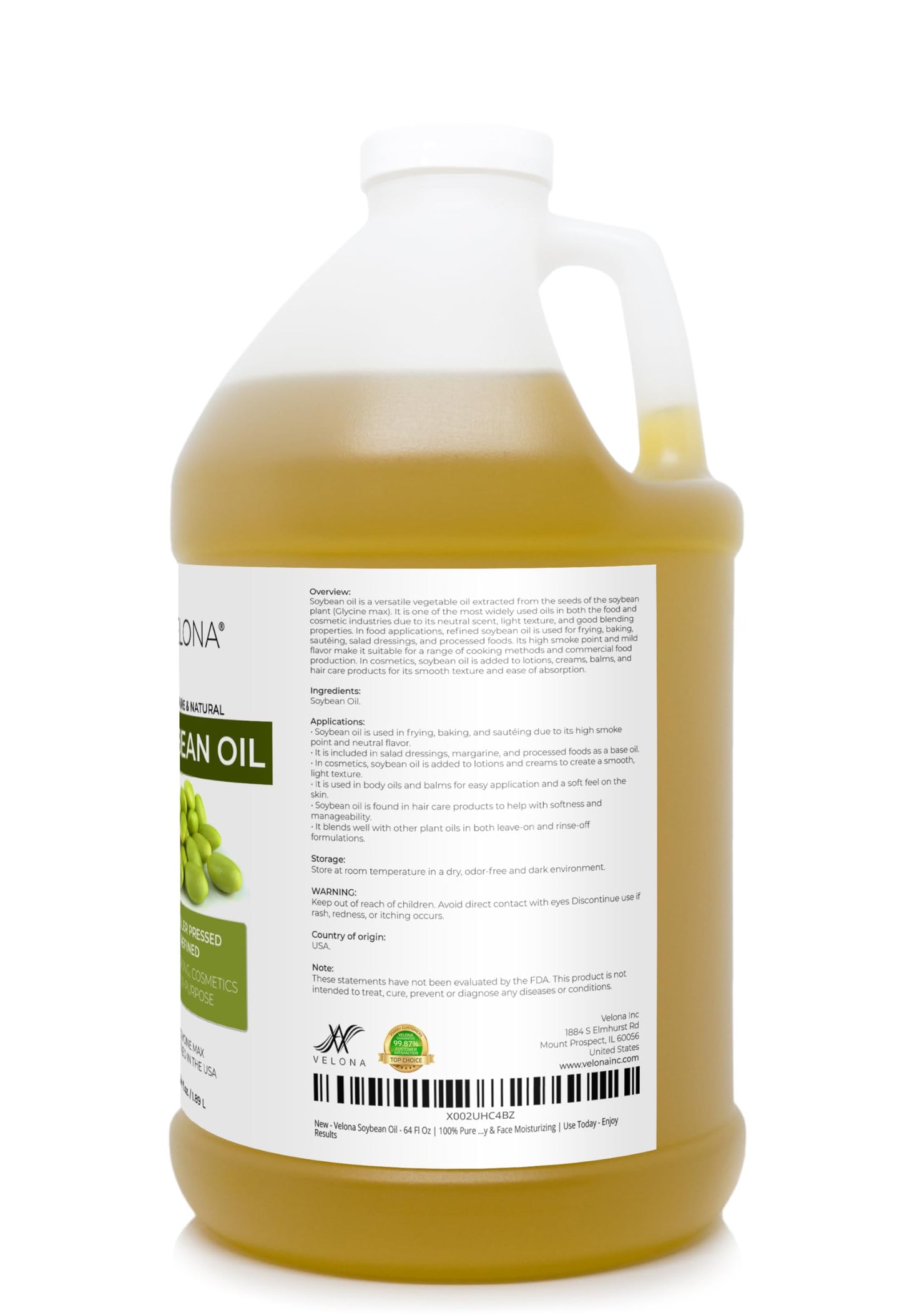 velona Soybean Oil - 64 Fl Oz | 100% Pure and Natural Carrier Oil | Refined | Cooking, Baking, Skin, Hair, Body & Face Moisturizing | Use Today - Enjoy Results