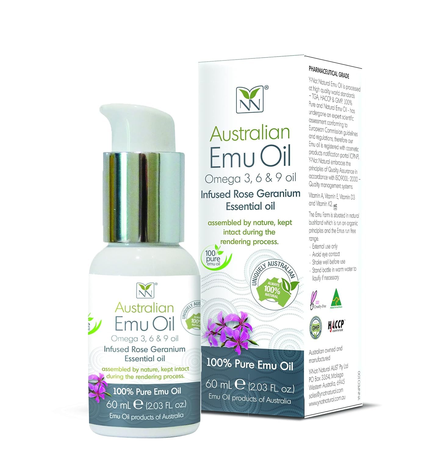 Y Not Natural Pure Emu Oil - Organic Moisture for Face, Body, Hair, Scalp & Nails - Rich in Omega 3-6-9, Vitamins & Essential Minerals - Australian Emu Oil (60ml) 2.03 fl oz - Rose Geranium