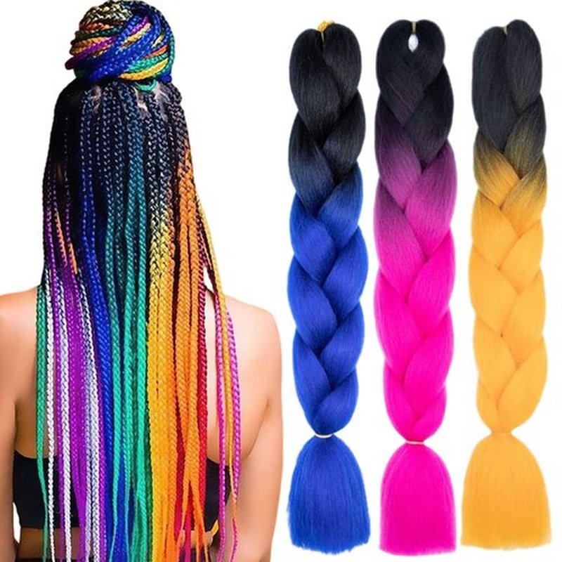 TENGSHUO FLY Rainbow Braiding Hair Extensions 6 Packs/24 Inch Synthetic Jumbo Ombre Box Braiding Hair for Women(24" 3Pack,Black to Blue/Black to Rose Red/Black to Orange)