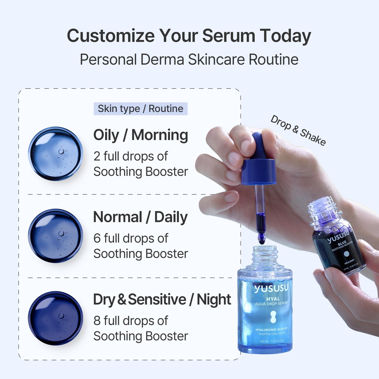YUSUSU Aqua Soothing Booster Set - Hyaluronic Acid Serum & Azulene Ampoule for Dry, Sensitive & Troubled Skin l Moisturizing, Calming l Korean Skincare l 0.34 fl.oz. & 1.01fl.oz. x2ea