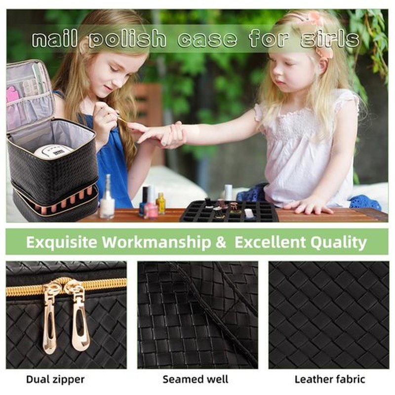 AFUOWER Nail Polish Organizer Bag with Handles - Holds 30 Bottles (15ml - 0.5 fl.oz)，Travel Case Portable Storage Bag for Manicure Set (Woven Black)
