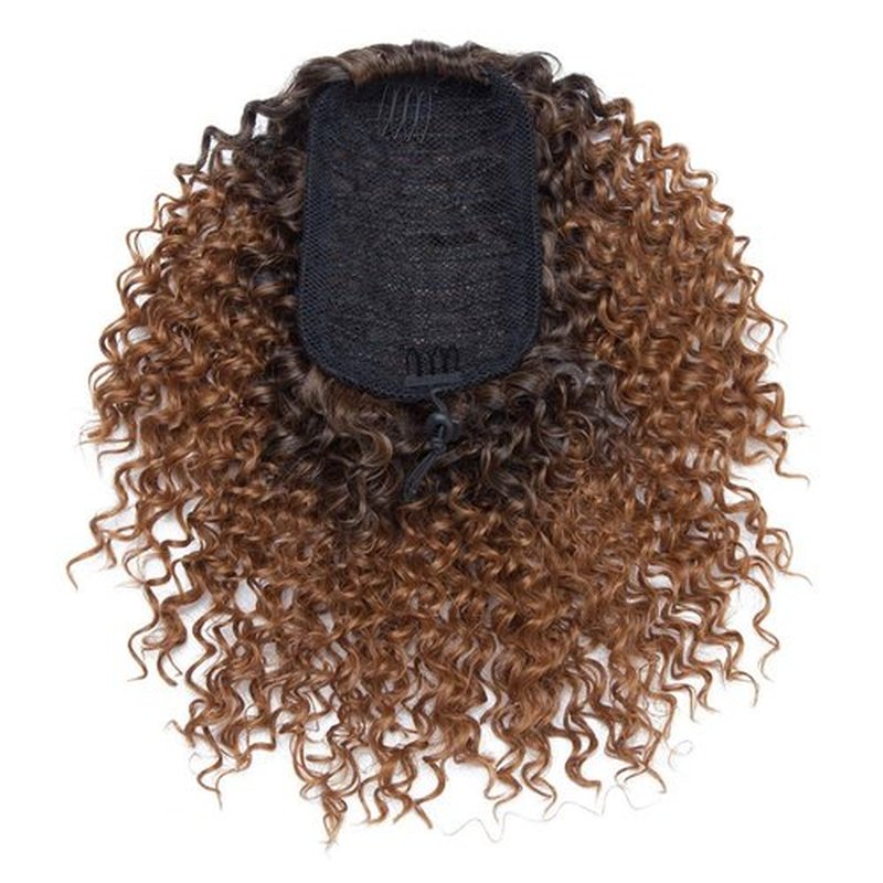 Hairro Afro Kinky Curly Ponytail Extensions Short Synthetic Hair 8 Inch Drawstring Deep Wave Puff Hairpieces for Black Women Ombre 1B/30 Auburn