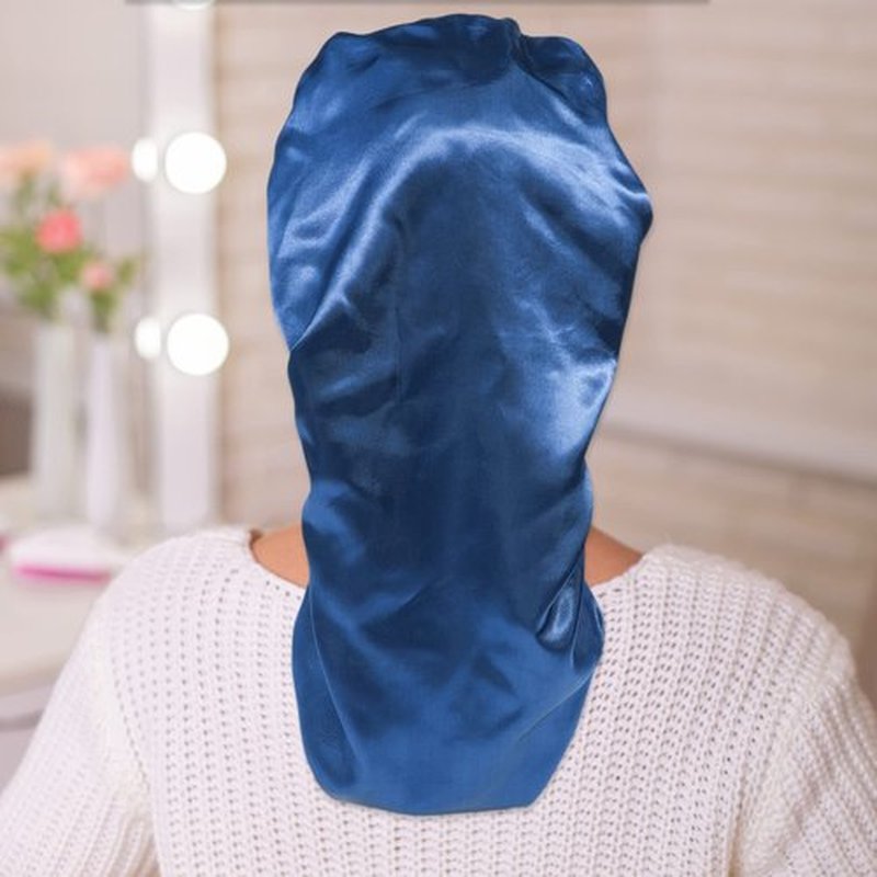 AWAYTR Long Satin Bonnet for Women - Double Layer Elastic Silk Bonnet for Braids Hair Sleeping Cap with Tie Band (Royal Blue)