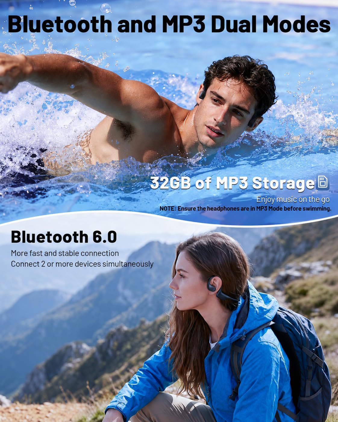 PSIER Bone Conduction Headphones with Dual Driver, IPX8 Waterproof Swimming Headphones Air Conduction Open Ear Buds MP3 Mode 32GB Memory 8H Playtime Bluetooth 6.0 Earbuds Deep Bass for Sports