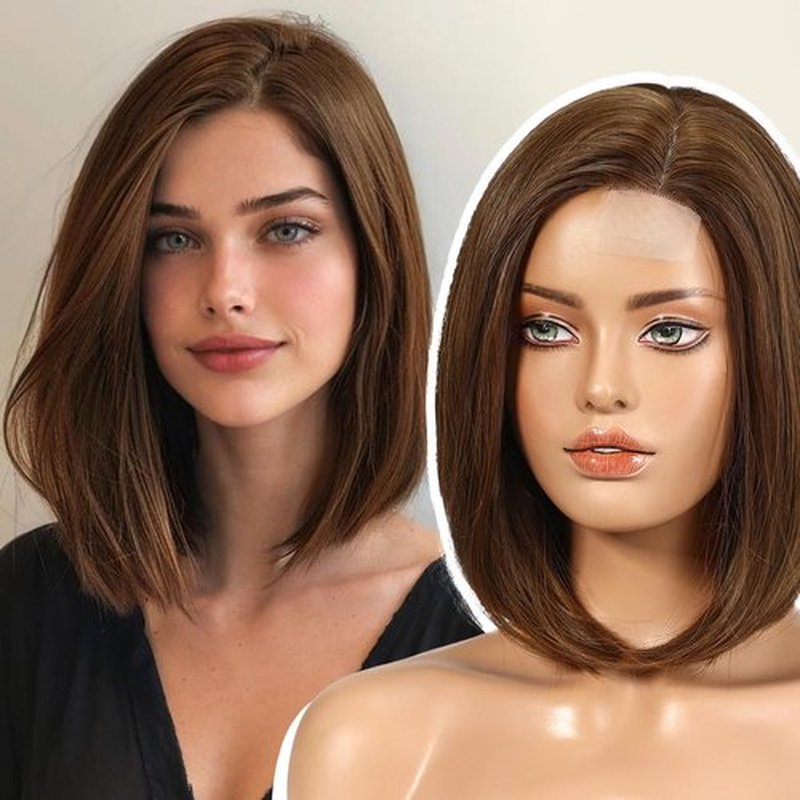 EMMOR Short Bob Wigs,Natural Shoulder Length Central Lace Bob Wgs, Premium Heat-Resistant Synthetic Straight Wigs for Women Daily Use(Brown)
