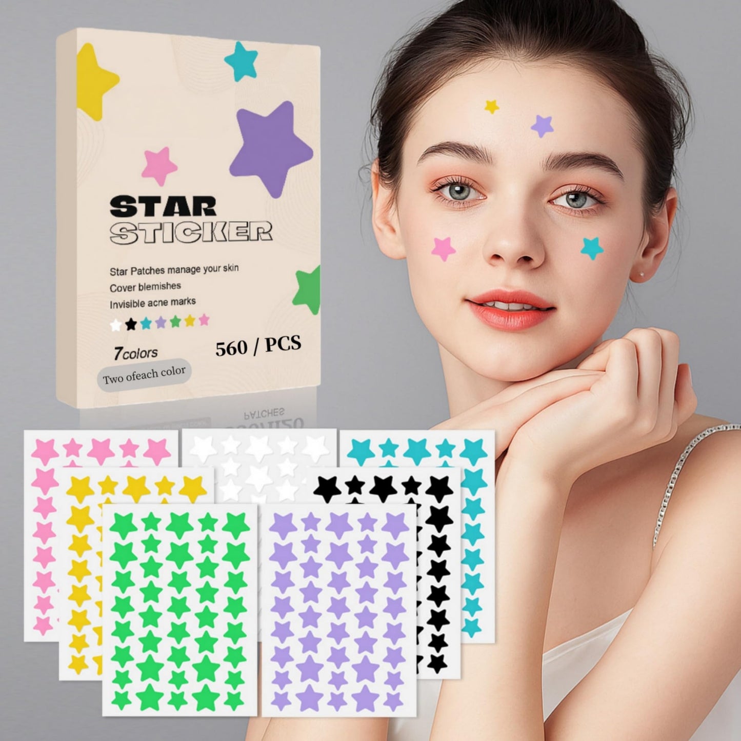 viviyoo 560 Pcs Star Pimple Patches for Face, 7 Colors Hydrocolloid Acne Patches, Cute Zit Patches for Blemishes & Zits, Vegan & Cruelty-Free Star Face Stickers for Girls & Teens (14 Sheets)