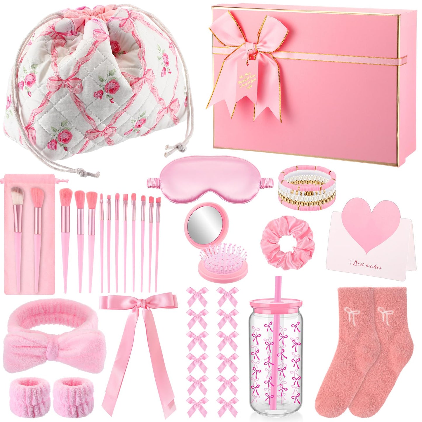 Acellegic 14 Pcs Gift Baskets for Women Teen Girls Trendy Stuff Coquette Bow Birthday Gift for Her, Tween, Teenage, Daughter, Sister, Best Friend 16th 18th 21st Bday Graduation(Pink Bow Floral)