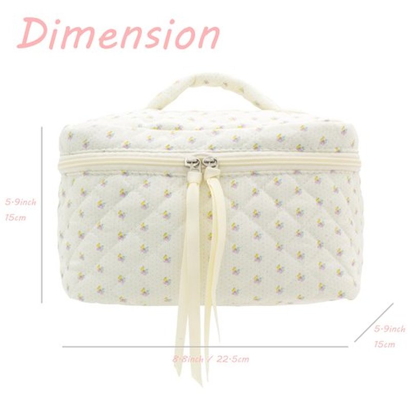 PAZIMIIK Cotton Makeup Bag for Women Large Quilted Travel Cosmetic Case Girls' Make Up Organizer,Little Flower White