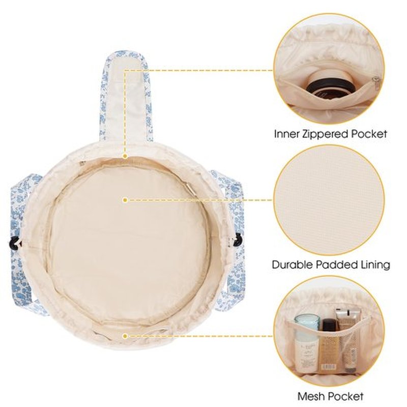 Barrel Drawstring Makeup Bag Large Cosmetic Bag Make up Bags Toiletry Organizer for Women (Little Blue Flower) (Patent)
