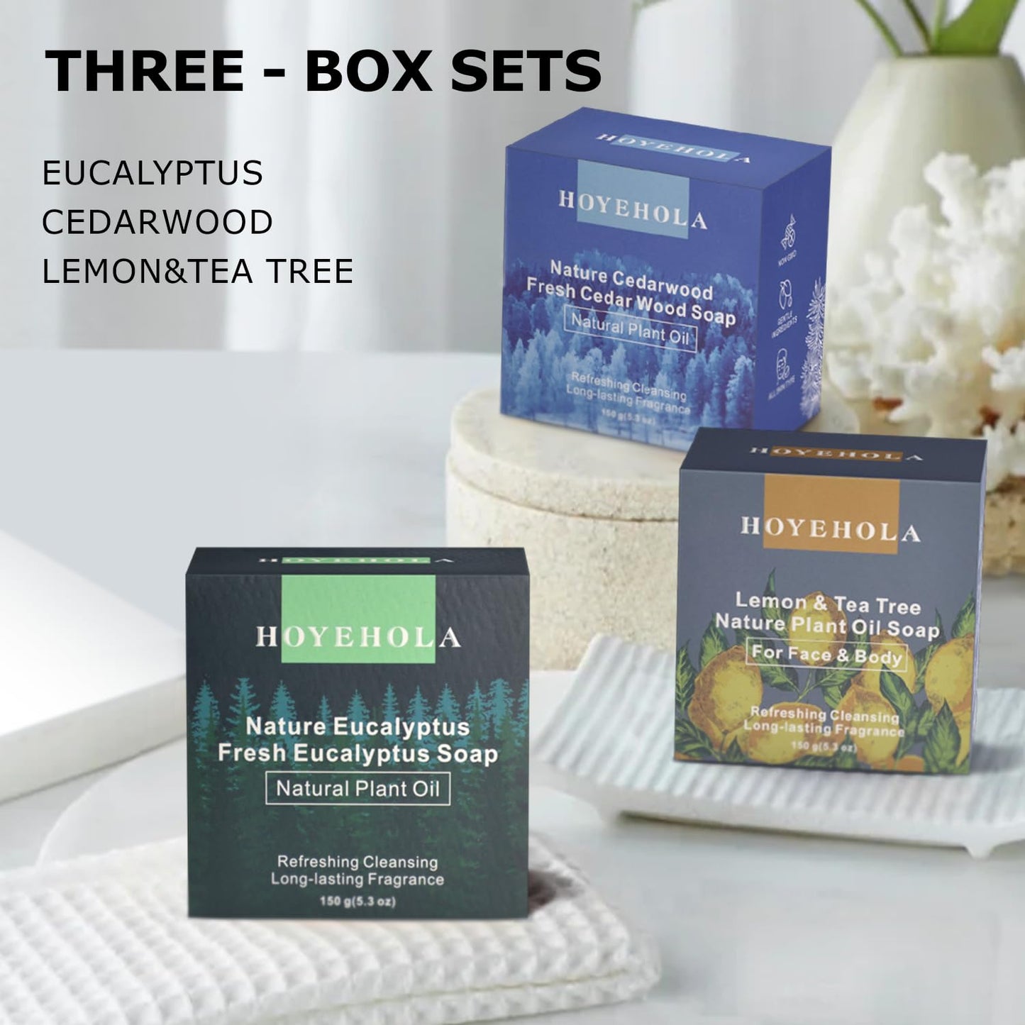 HOYEHOLA 3Pcs Natural Soap Bars for Bath Wash - Fresh Plant Essential Oils Eucalyptus, Cedarwood, Lemon Soap Bars for All Skin Type