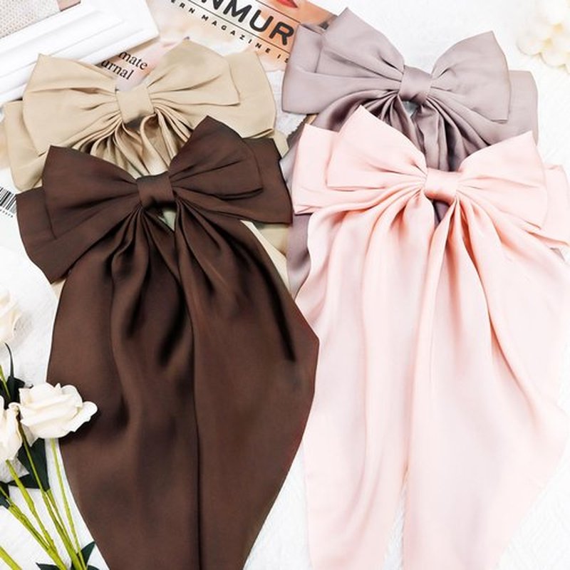 Atoden Hair Bows Silky Satin Bows for Hair Ribbons 4Pcs Coquette Oversized Long Tail Hair Bow Clips Barrettes Neutral Big Bowknot Hair Accessories for Women Girl Trendy Stuff Gifts