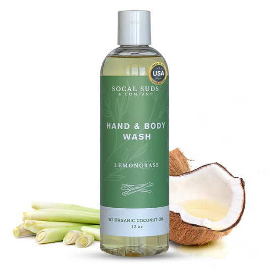 SoCal Suds & Company Organic Body Wash - Gentle Hand & Body Soap Liquid for Men & Women, Made with Organic Oils & Coconut Oil, Nourishing Shower Gel Bodywash for All Skin Types, Lemongrass Scent, 12oz