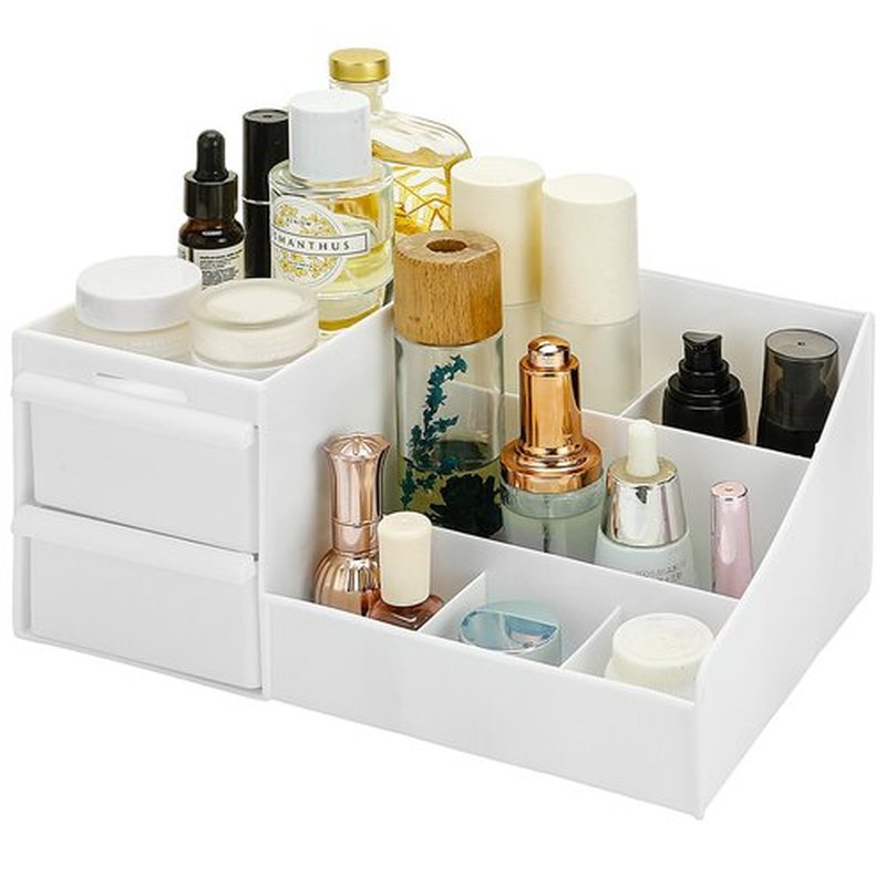 POFUOT skin care organizer,Makeup Desk Organizer With Drawers,Countertop Organizer for Cosmetics,Vanity brush with Holder for Lipstick, Brushes, Eyeshadow, and Desktop (Large-White)