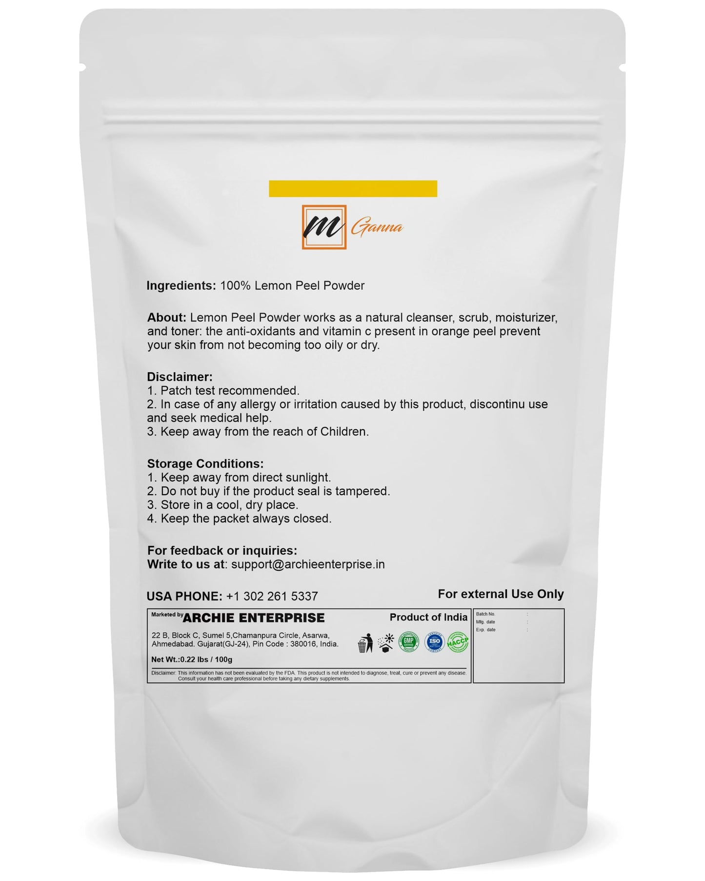 mGanna 100% Natural Lemon Peel Powder For Skin Care and Facial Mask 100 GMS / 0.22 LBS