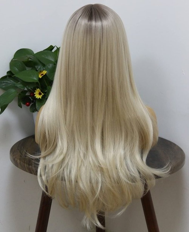 Ash Blonde Synthetic Wig With Bangs Natural Wave Fringe Unit Glueless Wig For Woman Light Brown Roots Scalp Top Full Machine Made Full Wig Platinum Blonde Heat Resistant Fibers Costume Wig Daily Use