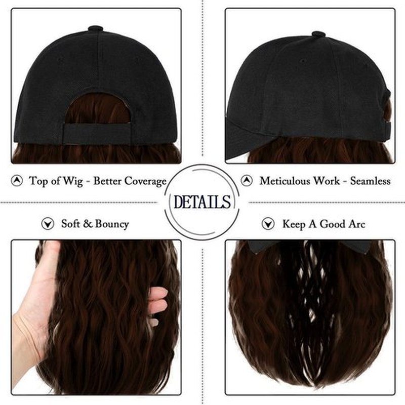 CATTREES Black Baseball Cap with Hair Extensions Adjustable Hat 14 ''Short Wavy Curly Synthetic Hair Wigs for Women Girls. (US, Alpha, One Size, DARK BROWN)