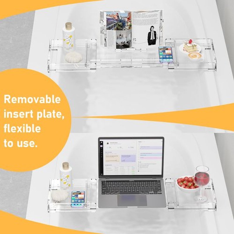 Bathtub Tray Caddy Table for Tub - Rulyyo Tub Tray Bath Caddy Tray for Bathtub, Clear 18-32.5 Inch Expandable Over The Tub Bath Tray for Bathtub, Waterproof Bathtub Caddy Tray for Luxury Bath