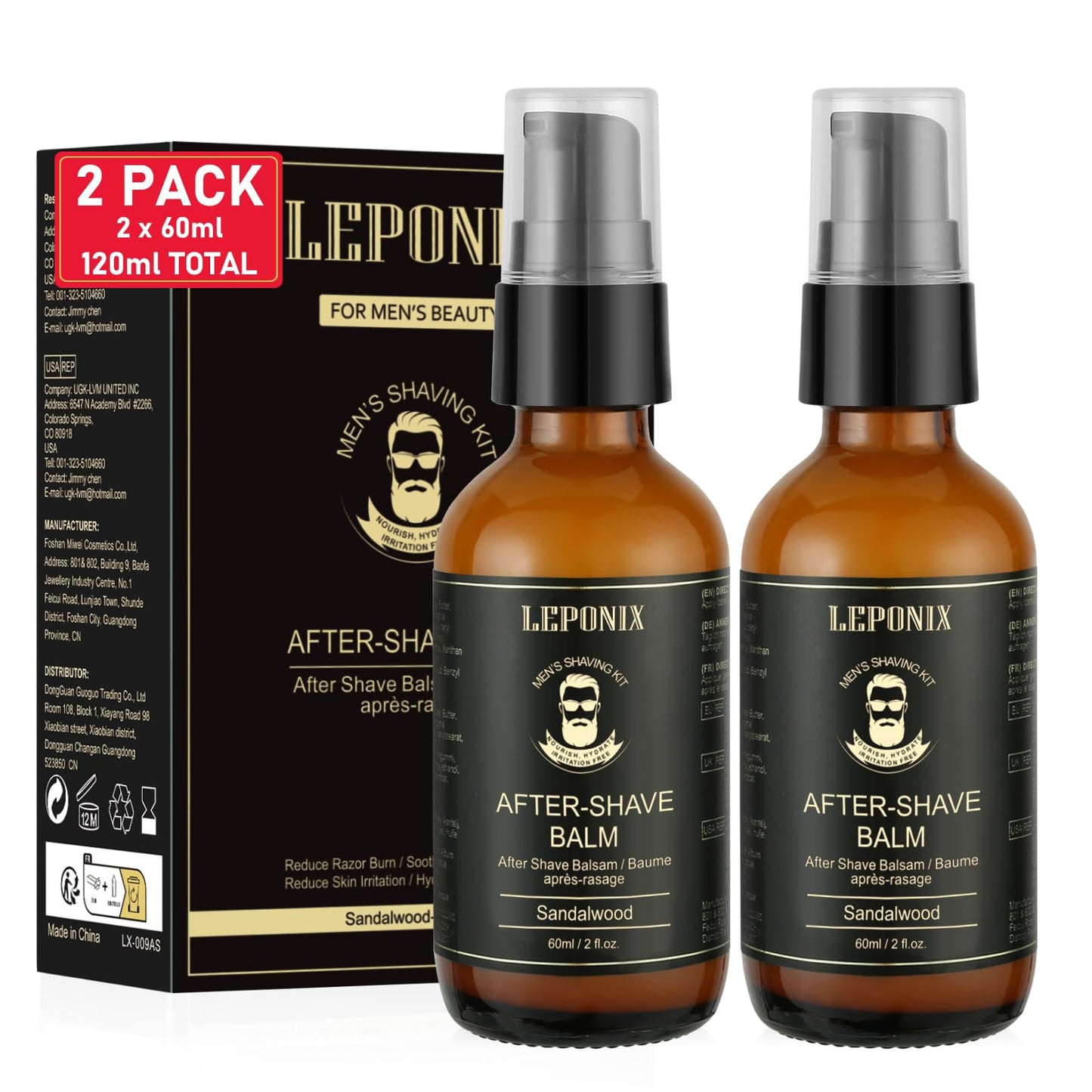 LEPONIX After Shave Balm for Men, 2 Pack (2 x 60ML, 120ML Total) – Luxury After Shave Lotion for Men's Skin Care with Sandalwood, Cooling, Hydrating & Razor Bump Relief, Post Shave Care to Soothe Skin