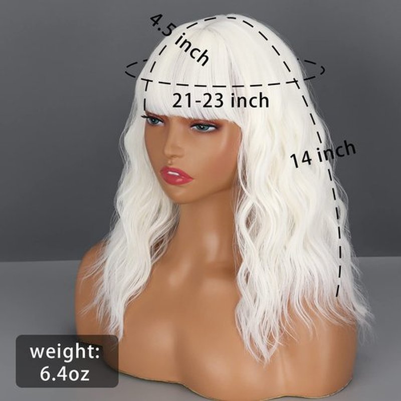 LINGHANG Short Platinum Blonde Wigs for Women, White Blonde Curly Wavy Wig with Bangs, Synthetic Medium Length Platinum Wavy Bob Wig for Daily Use