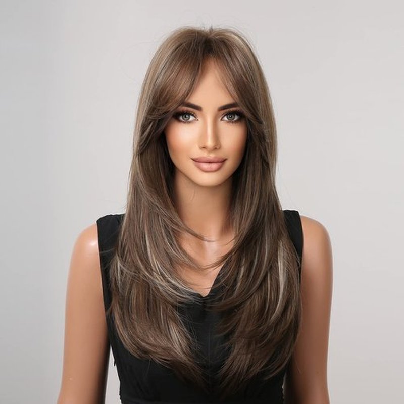 MAGQOO Brown Highlights Wig for Women Brown Blonde Layered Wig Long Brown Highlighted Wig with Bangs Synthetic Heat Resistant with Wig Cap