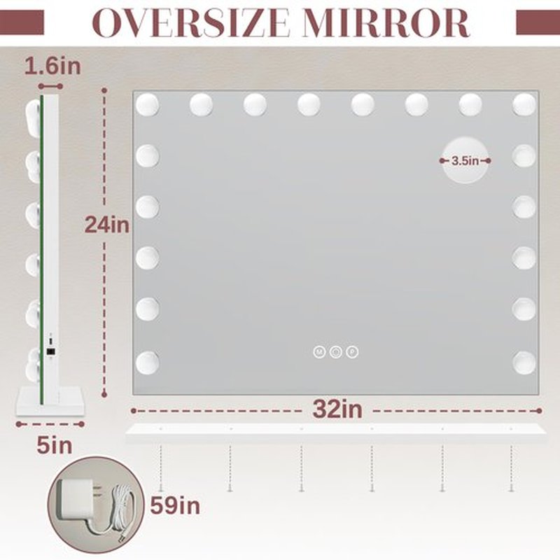 ROLOVE 32"x24" Hollywood Vanity Mirror with Lights, 18 Dimmable LED Bulbs, 3 Color Modes, 10X Magnification, USB Charging Port, Tabletop or Wall-Mounted