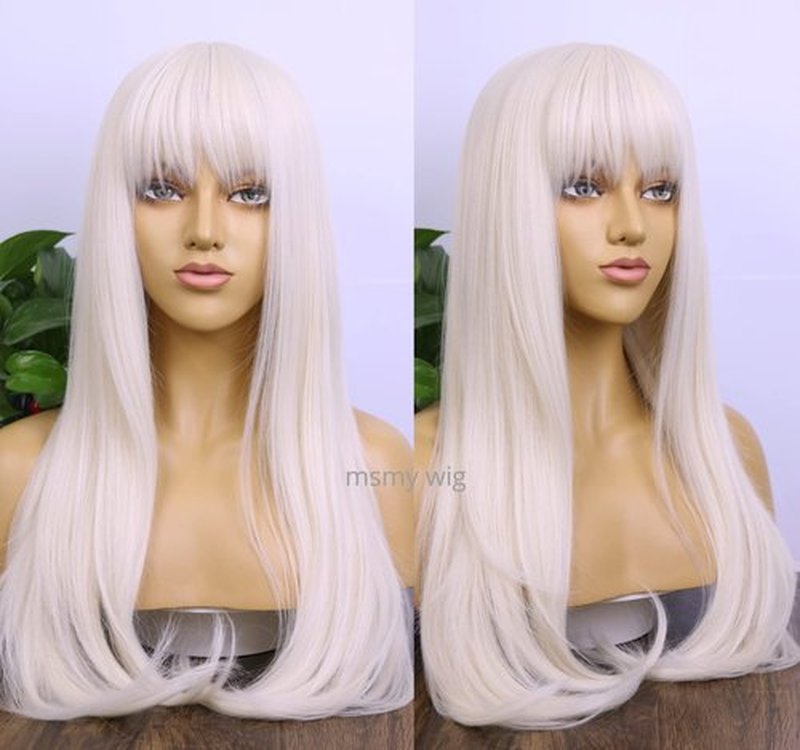 MSMYRNS Platinum Blonde #60 Long Wavy Curly Heat Resistant Synthetic Wig With Bangs Glueless No Lace Fringe Wig For Women Girls Costume Role Play Wig Scalp Base Middle Part Hair Replacement Wig