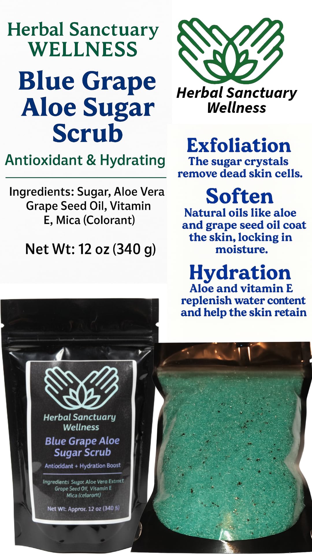 Herbal Sanctuary Wellness Blue Grape Aloe Sugar Body Scrub with Antioxidant, Hydration Boost, Natural Exfoliant, 12 oz