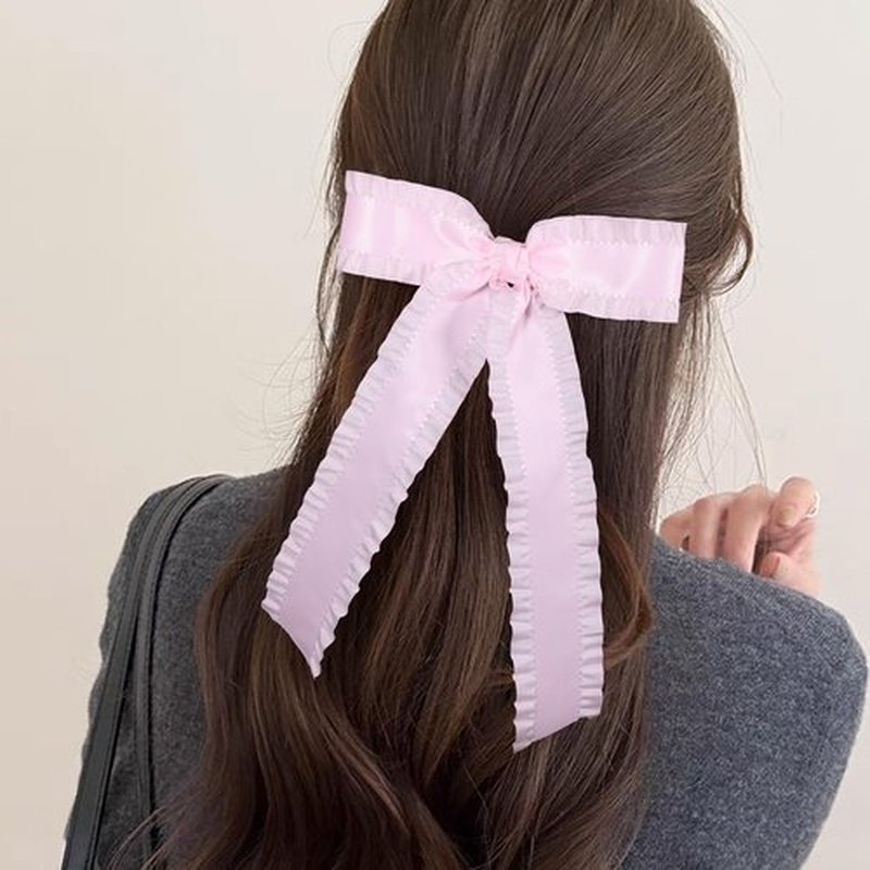 Light Pink Ruffle Ribbon Hair Bow Clips with Long Tail for Women Girls Big Stylish Satin Ponytail Holder Decor Accessories Slides Metal Clips Hair Bow for Any Occasion 5.5in