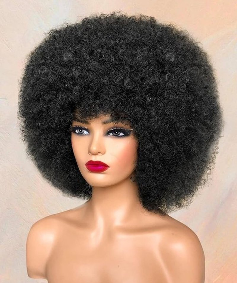 Afro Wig 70S Curly Afro Wigs For Black Women Short Afro Kinky Curly Wig With Bangs For Women Disco Wig Puffy Bouncy Synthetic Wigs For Daily Party Halloween Costume Use (Black)
