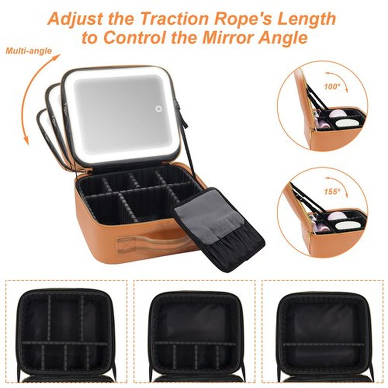 Travel Makeup Bag Cosmetic Bag Make up Organizer Bag with Large Lighted Mirror 3 Color Modes Adjustable Brightness, Waterproof PU Leather Makeup Travel Case Makeup Train Case Toiletry Gift Accessories