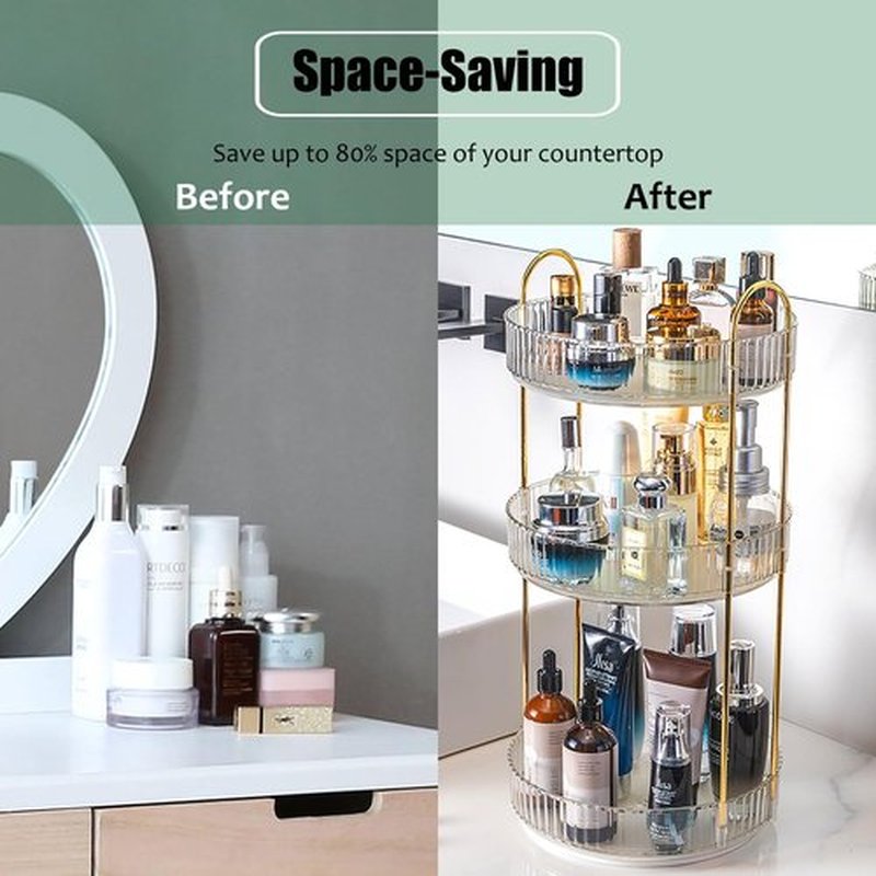 Zufudo Rotating Makeup Organizer 3 Tier Lazy Susan Trays Skincare Perfume Organizer for Bathroom Counter Vanity, Transparent