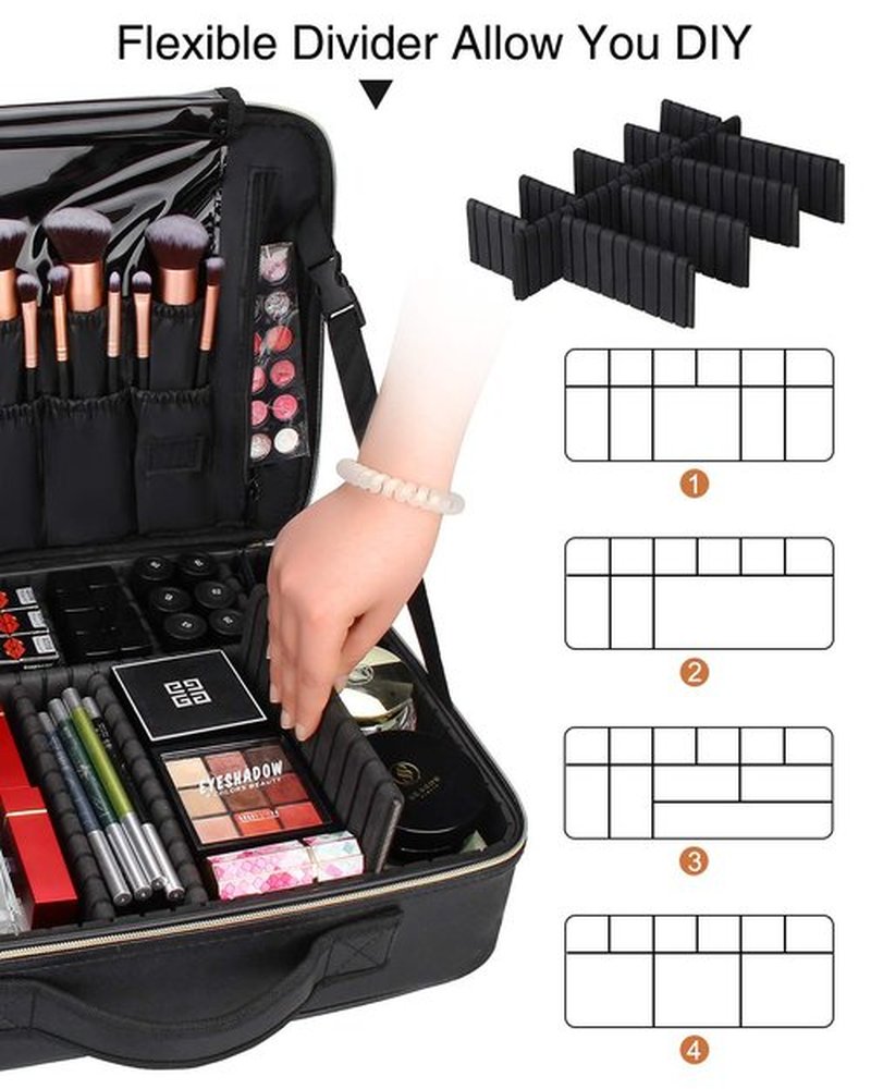 Relavel Makeup Case Large Makeup Bag Professional Train Case 16.5 inches Travel Cosmetic Organizer Brush Holder Waterproof Makeup Artist Storage Box, Large Capacity (Leather Black, Large)
