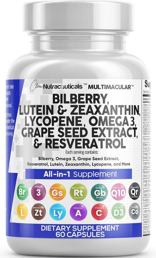 Clean Nutra Eye Vitamins with Bilberry Lutein and Zeaxanthin Supplements Lycopene 40mg Resveratrol Grape Seed Astaxanthin for Eyes - Eye Care Health Support Eye Vitamin and Mineral Supplement