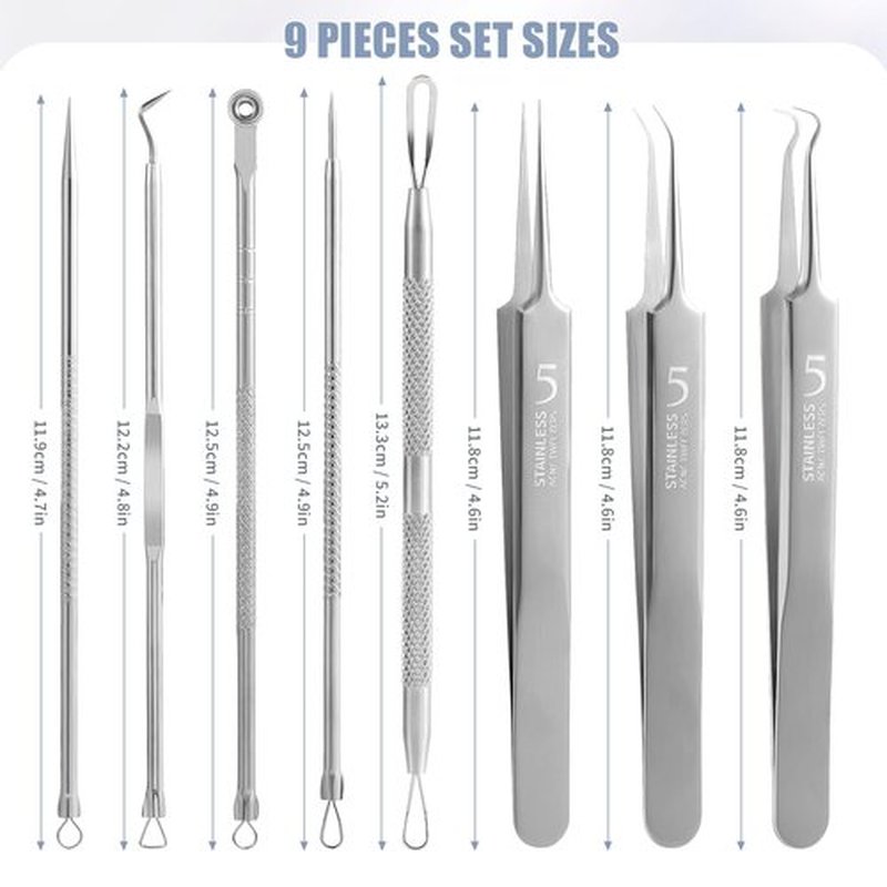 FEITA Blackhead Remover Comedone Extractor Tool, Face Black Head Needle & Curved Tip Acne Tweezers Kit with Metal Box, Facial Stainless Pimple Removal Tools Kit for Nose, Silver 8Pcs