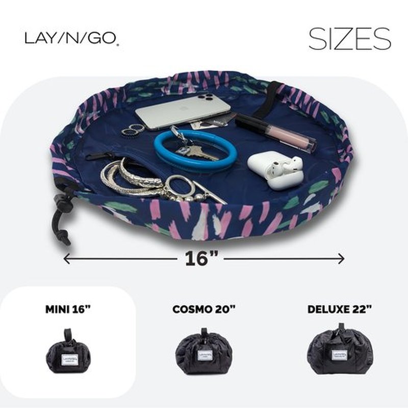 Lay-n-Go Cosmo Drawstring Cosmetic & Makeup Bag Organizer - Portable Drawstring Makeup Bag w/Zipper Pocket & More - Durable, Machine Washable Makeup Bag for Travel (16”, Crossmark)