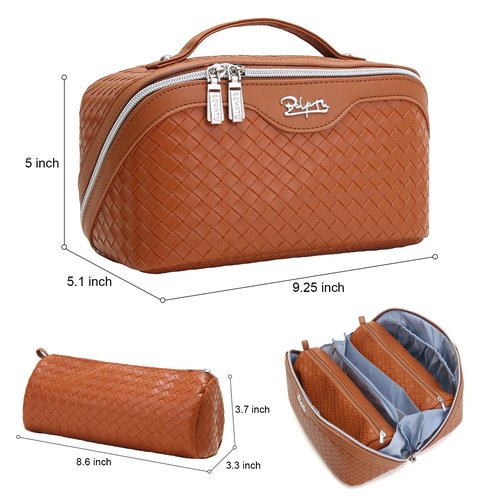 Travel Makeup Bags Cosmetic Organizer Bag: Large Capacity Make up Bag Set of 3 - Vegan Leather Toiletry Bag for Women - Portable Makeup Organizer with Compartments & Handle & Divider (2 Brown)