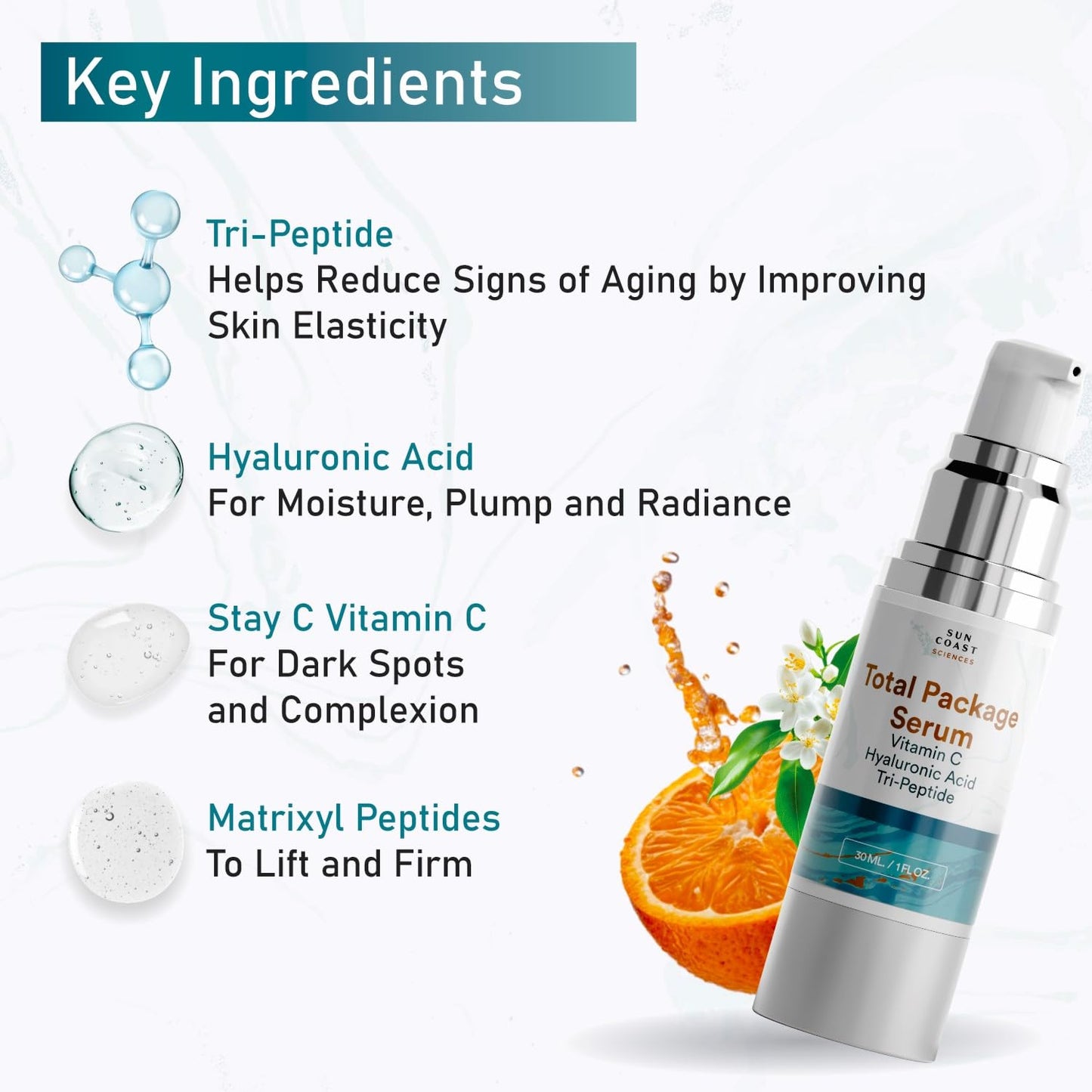 Sun Coast Sciences - Total Package Serum - Vitamin C Serum with Hyaluronic Acid & Peptides for Face - Hydrating Anti Aging Face Serum for Smoother, Firmer Looking Skin - 1 Fl Oz (Pack of 3)