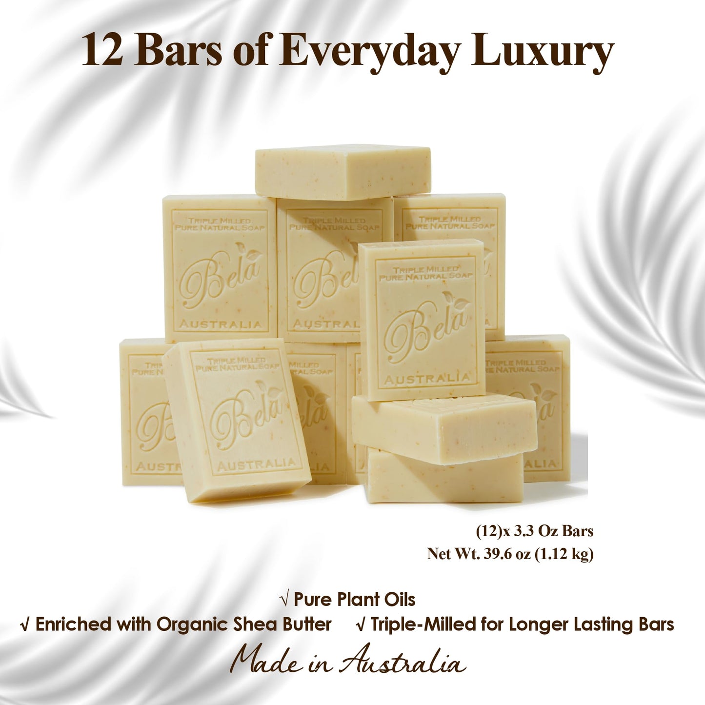 BELA Almond Soap 3.3 OZ Pack of 12, French Triple Milled Bar Soap with Organic Shea Butter, Hand, Face and Body Wash Bar Made in Australia