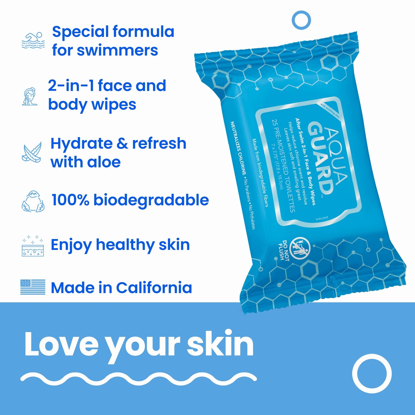 AQUA GUARD After-Swim Face & Body Wipes | Neutralize chlorine scent and residue | Moisturizing RINSE-FREE Formula (1 Pack of 25)