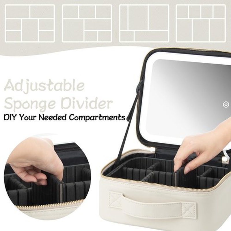Makeup Travel Train Case with Mirror LED Light 3 Adjustable Brightness Cosmetic Bag Portable Storage Adjustable Partition Waterproof Makeup Brushes Makeup Jewelry Gift for Women (Light Gray)