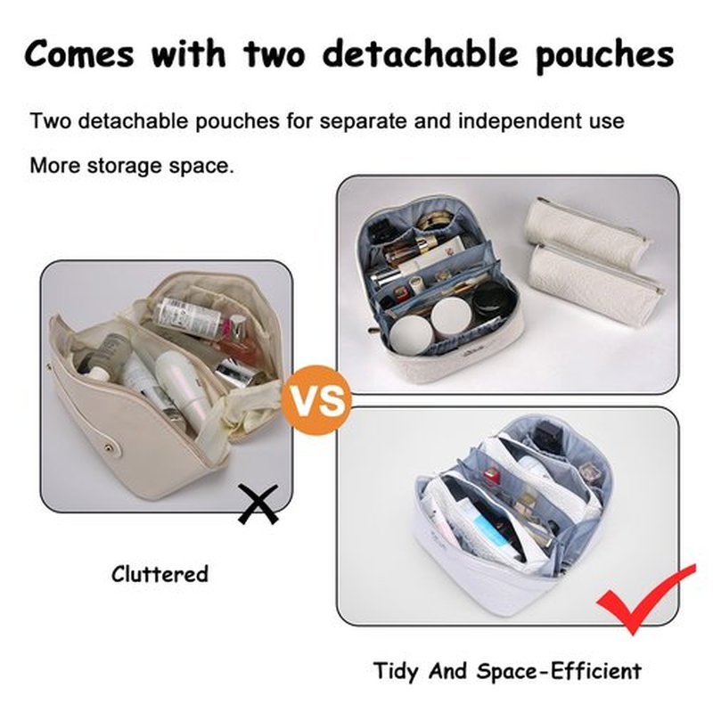 Travel Makeup Bags Cosmetic Organizer Bag: 3-Set Large Capacity Make up Bag - PU Leather Toiletry Bag for Women - Wide Open Portable Pouch with Divider & Handle (03-Z-Silver)