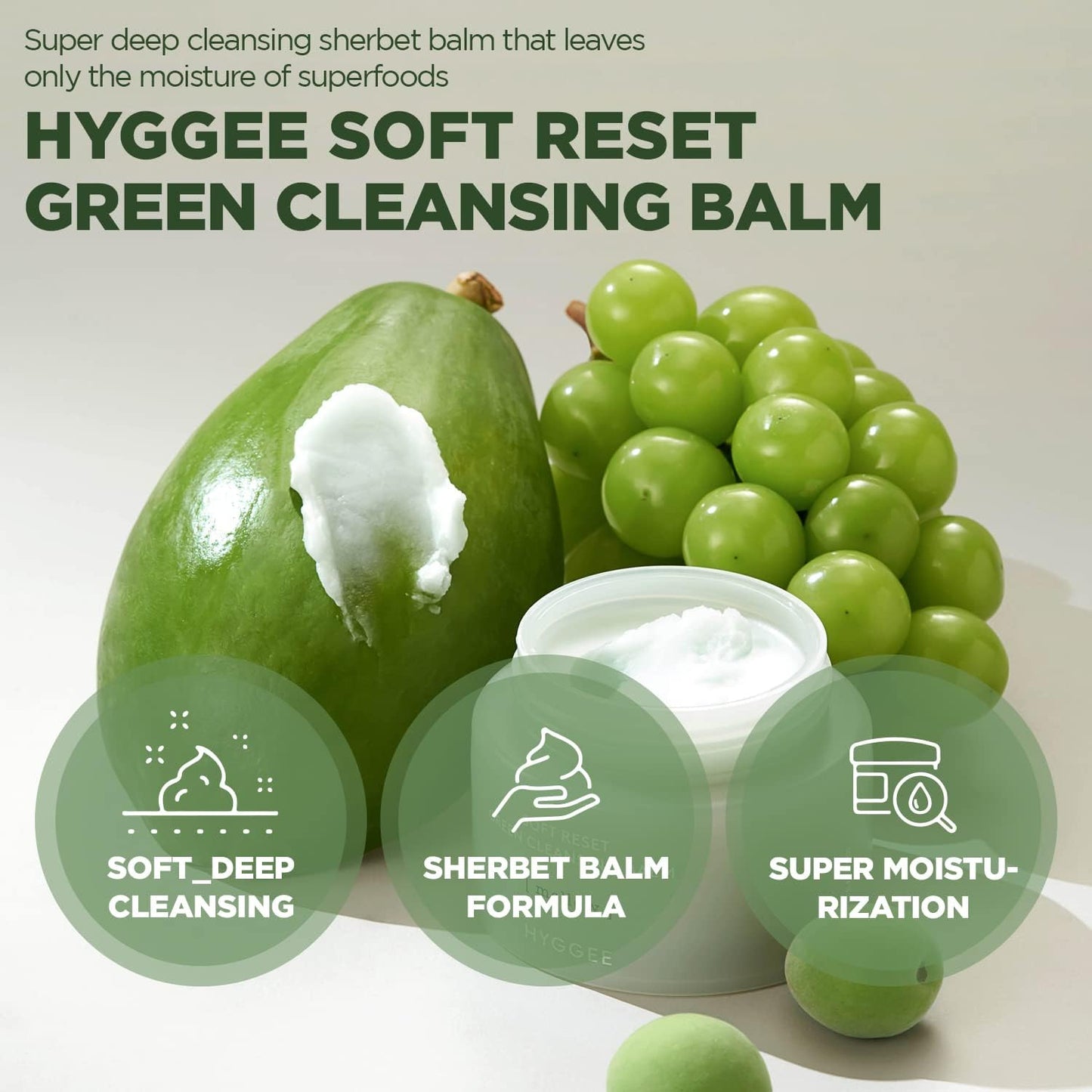 KSBC HYGGEE Soft Reset Green Cleansing Balm - Vegan Gentle Makeup Remover Sherbet Milky Oil Based Cleanser, Tea Tree Extract & Jojoba Oil, Hypoallergenic for Sensitive Skin, 3.38oz.