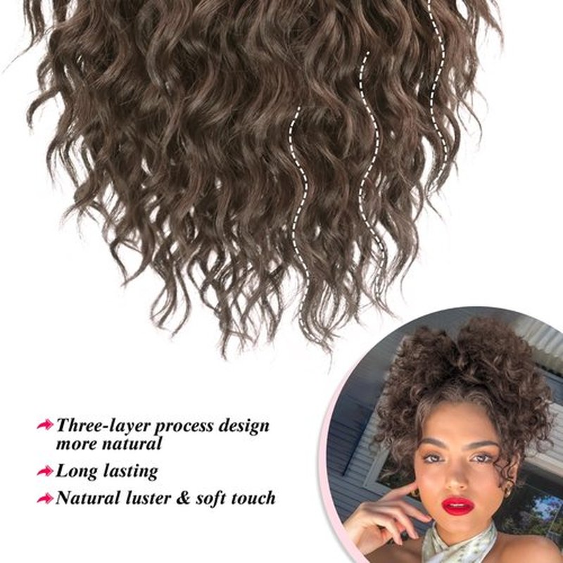 Adancyler Messy Bun Hair Piece Yaki Textured Sweet Loose Wavy Curly Hair Bun Short Drawstring Ponytail Extensions Hair Toppers Synthetic Hairpieces Pony Tails Hair Extensions for Women(Black Brown)