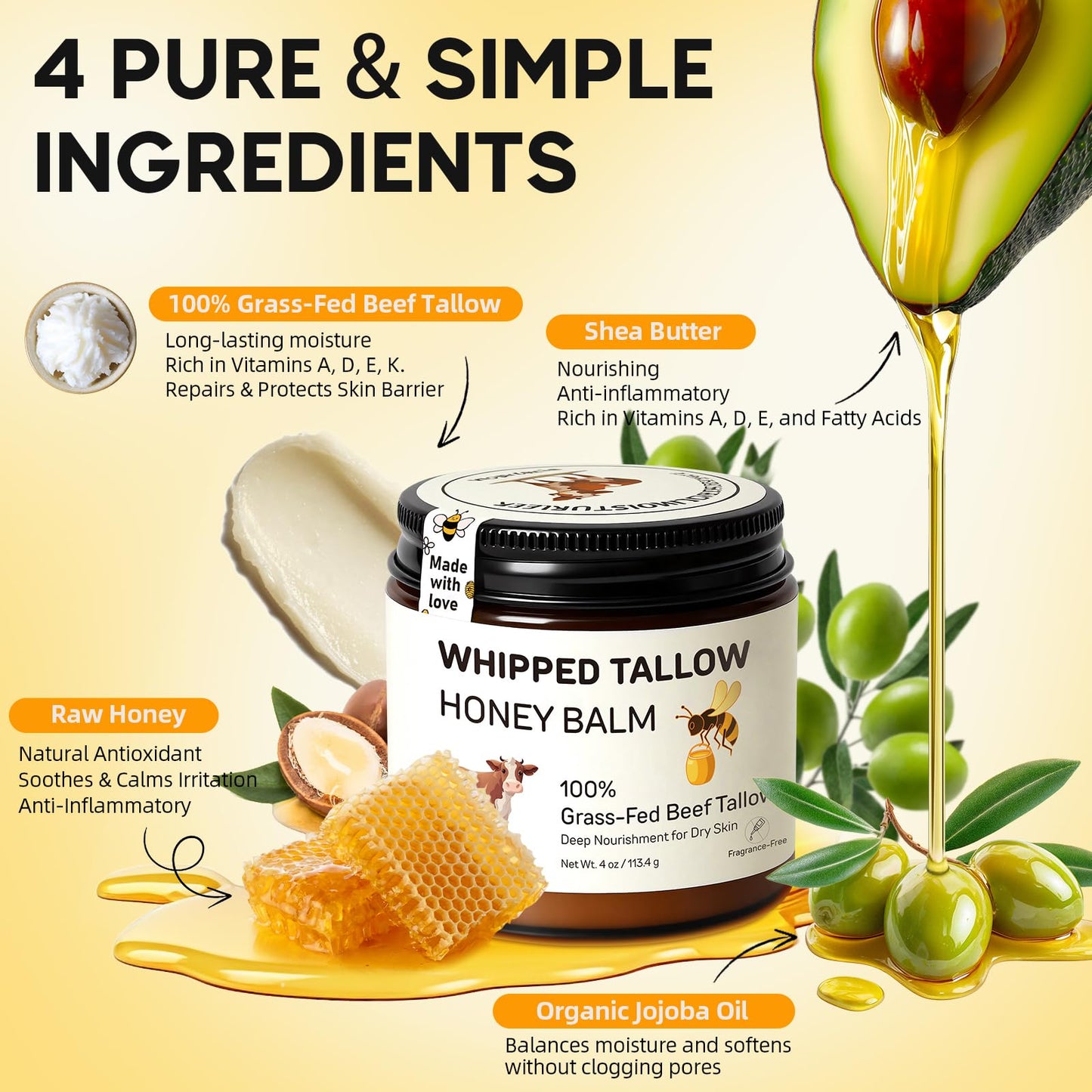 Starwise Beef Tallow for Skin, 100% Grass-Fed Whipped Beef Tallow and Honey Balm, Moisturizer for Face & Body, Natural Formula with Organic Jojoba Oil, Shea Butter for Dry, Sensitive Skin