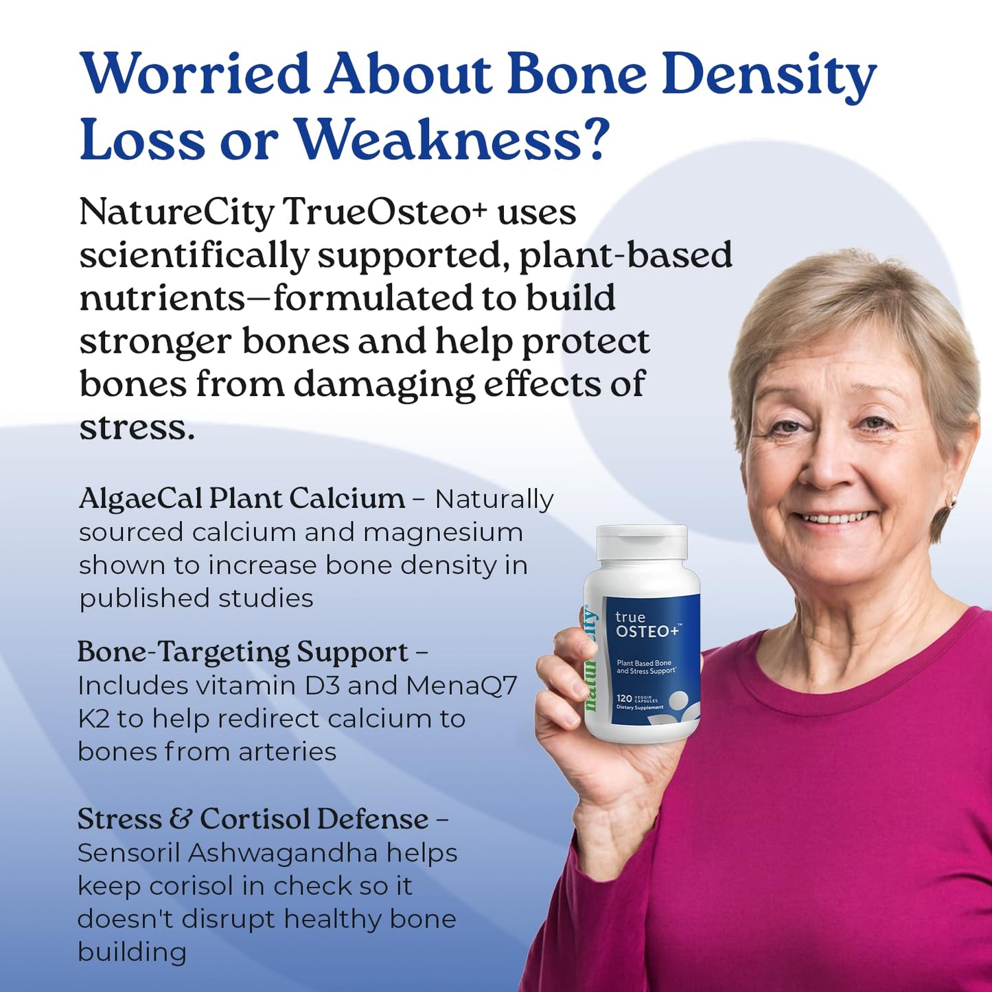 NatureCity True-Osteo Plus Bone Support with Ashwagandha – for Strength & Density – Plant-Based Calcium with Organic AlgaeCal, Magnesium, Vitamin D3, K2, Silicon & Stress Support | 120 Veggie Capsules