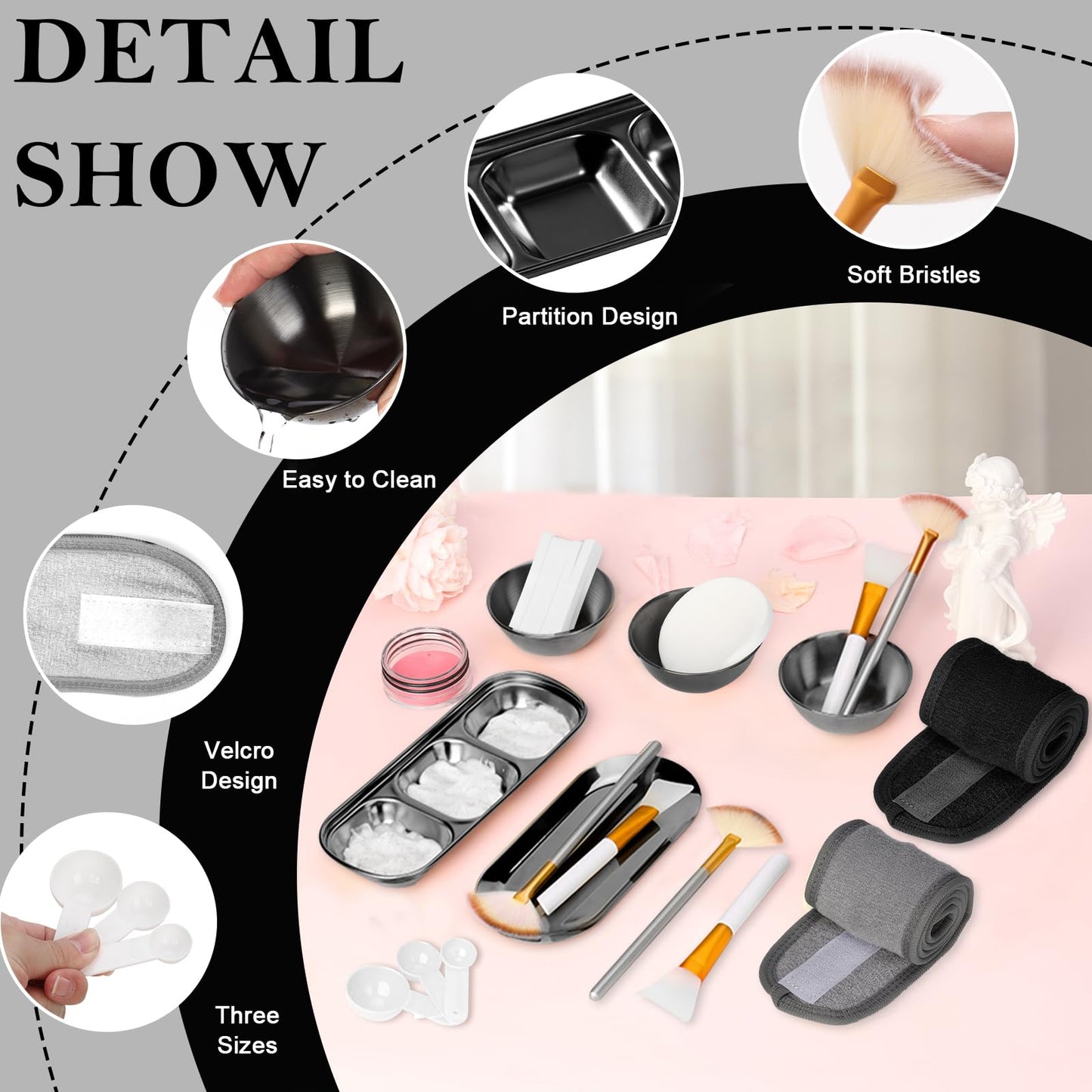 28 Black Facial Supplies 3 Facial Mask Mixing Bowls 3 Facial Fan Brushes 3 Mask Applicator Brushes 3 Mask Measuring Spoons Skincare Tray 3-Compartment Serving Tray 12 Facial Sponges 2 Spa Headbands